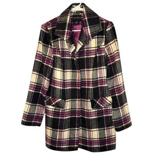 Tribal Plaid Wool Blend Pea Coat Sz 6 Purple Womens Button Up & Satin Lining New